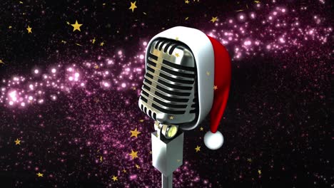 Animation-of-stars-falling-at-christmas-over-microphone-with-santa-hat