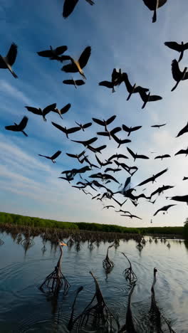 pájaros volando sobre el bosque de manglares