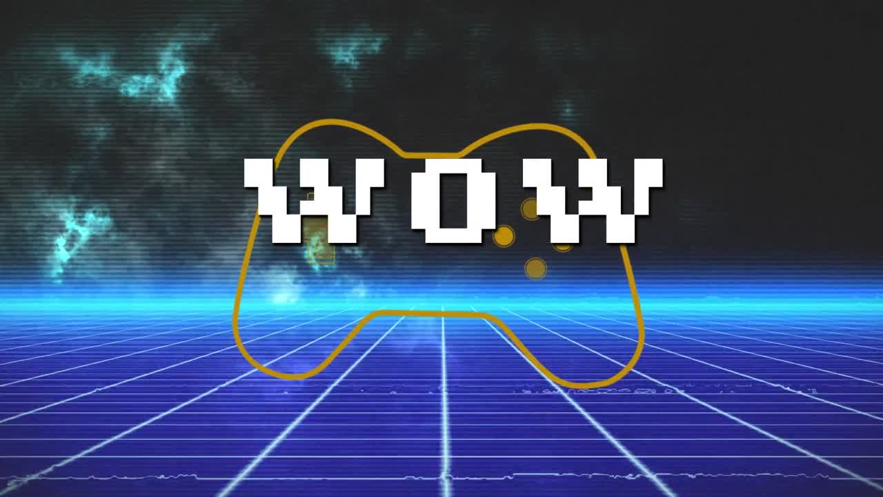 게임 패드 아이콘 위에 와우 텍스트의 애니메이션.