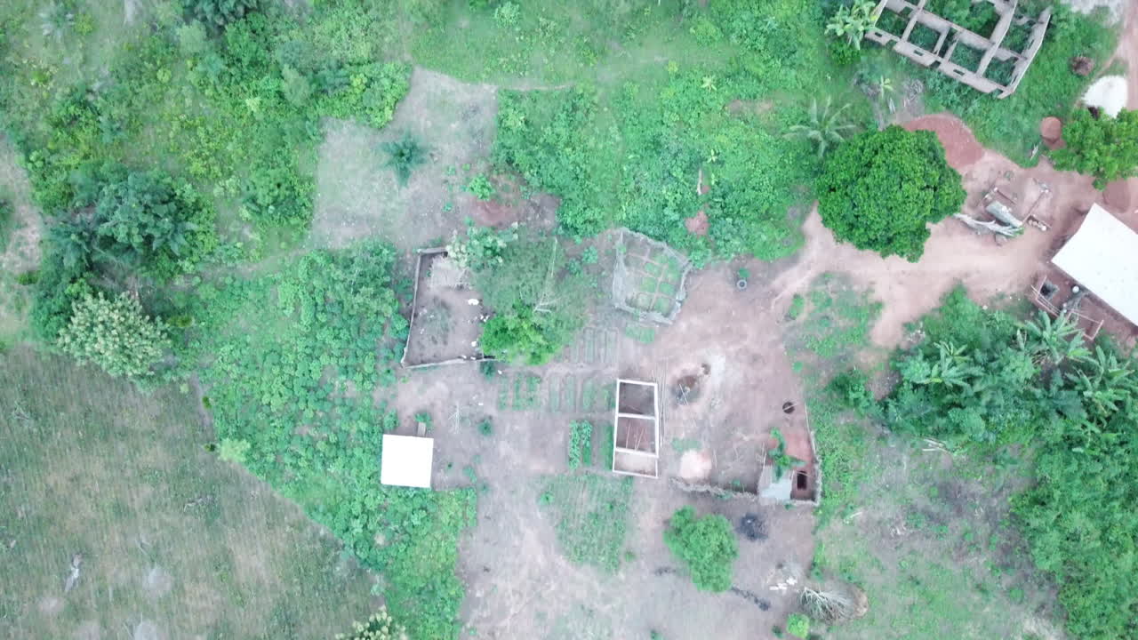 아프리카 베닌 의 울창 한 곳 에서 마을 과 농장 을 날아다니며