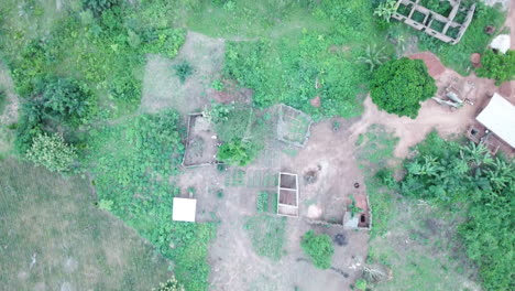 flying over village and farms in lush settings in benin africa
