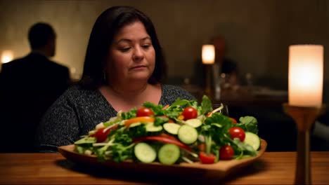 mujer disfrutando de una ensalada grande en un restaurante