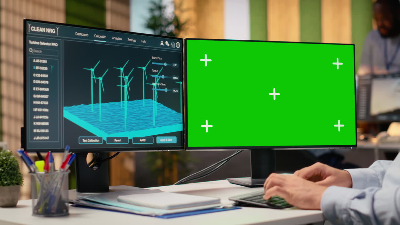 Engineer Using Software On Mockup Pc Used For Planning Wind Farm Layouts