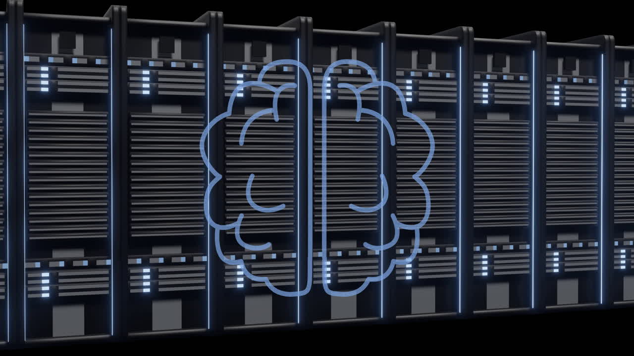 Animation of ai brain and digital data processing over computer servers