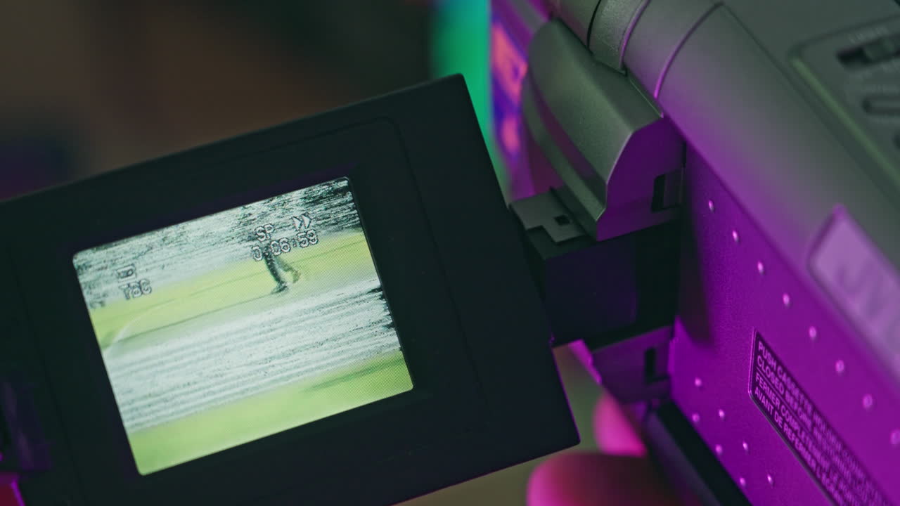 Vintage Camcorder Screen Playing Back Distorted VHS Footage