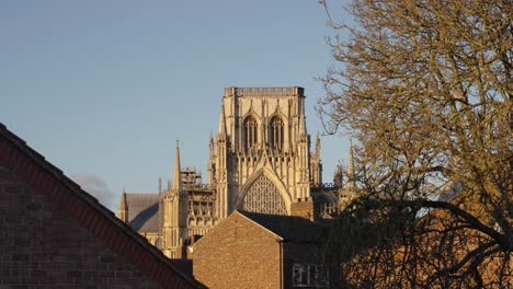 distant shot of large cathedral in historic city of york at sunrise