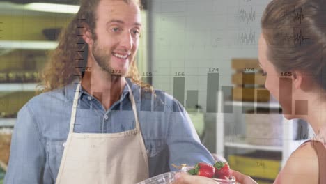 Animación-Del-Procesamiento-De-Datos-Financieros-Sobre-Un-Dependiente-Masculino-Caucásico-Y-Una-Clienta