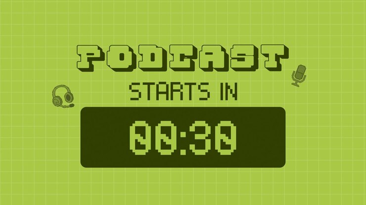 Animated Retro Pixel Art Podcast Countdown with Microphone and Headphones
