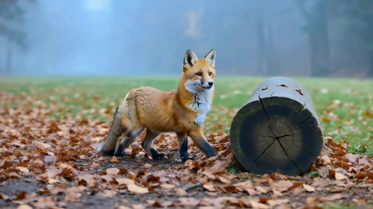 Erwachsener Rotfuchs folgt Spur, schnüffelt an Baumstamm und duckt sich auf nebliger Herbstlichtung.