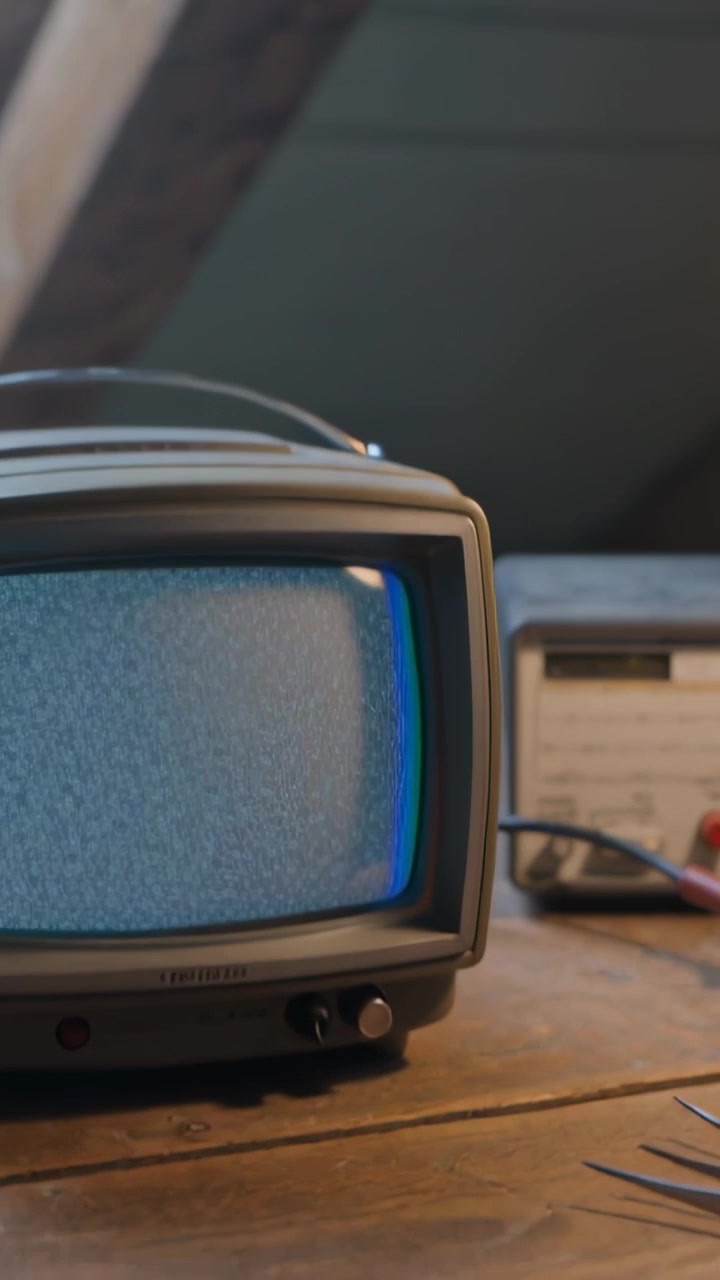 Video verticale: Telecamera panoramica che si avvicina a un televisore CRT su una panca in un loft, mostrando interferenze, una radio, delle pinzette