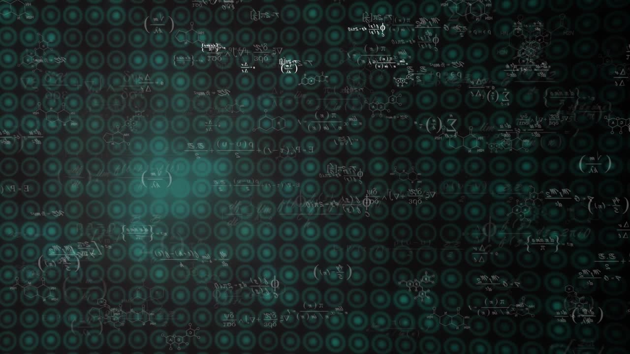 Derivative formula fading and forming mosaic chemical and math expressions sliding, glow pulsing