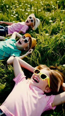 happy children lying in a grassy field on a sunny day