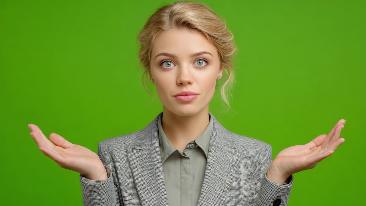 A Professional Woman with Beautiful Blue Eyes Expresses Curiosity Against a Bright Green Background, Showcasing a Neutral and Open Posture While Dressed Elegantly in a Suit