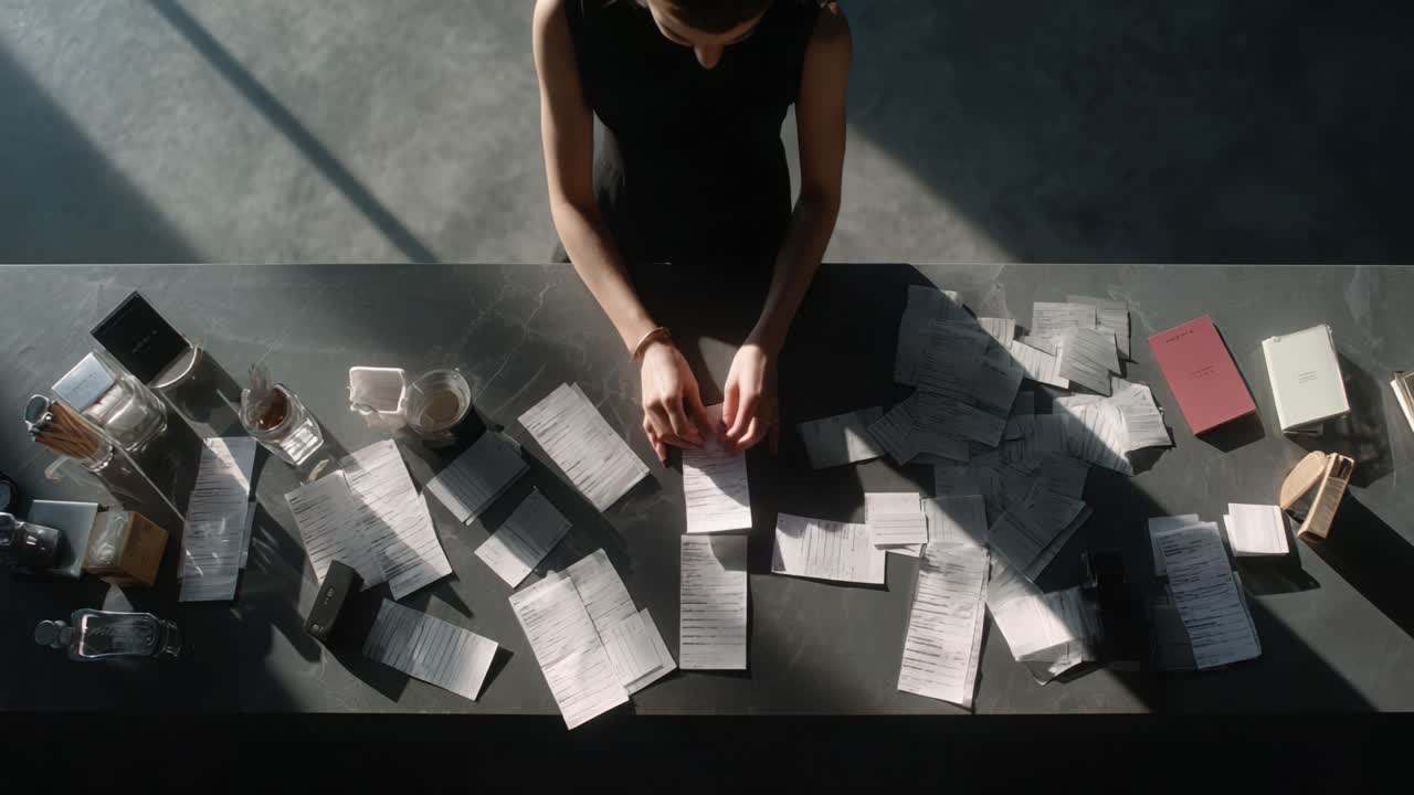 A Focused Examination of Receipts and Products: Documenting the Details and Organization of Personal Items on a Sleek Table Surface Bathed in Natural Light
