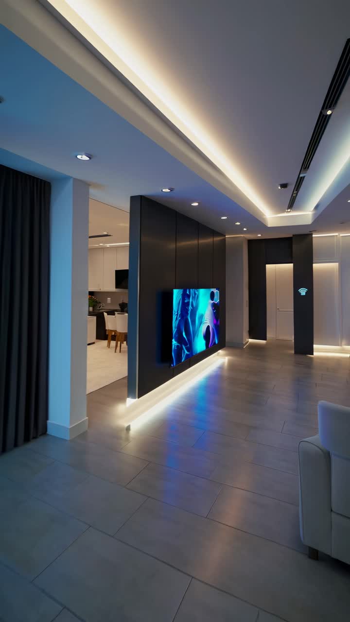 Modern living room with ambient lighting, sleek furniture, and a wall-mounted video screen