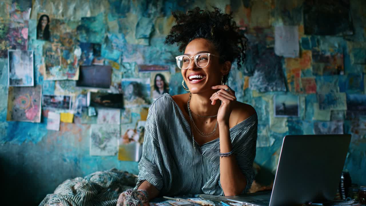 A joyful artist smiles brightly in a creatively decorated workspace filled with vibrant art and personal touches, embodying inspiration, creativity, and self-expression through her relaxed demeanor