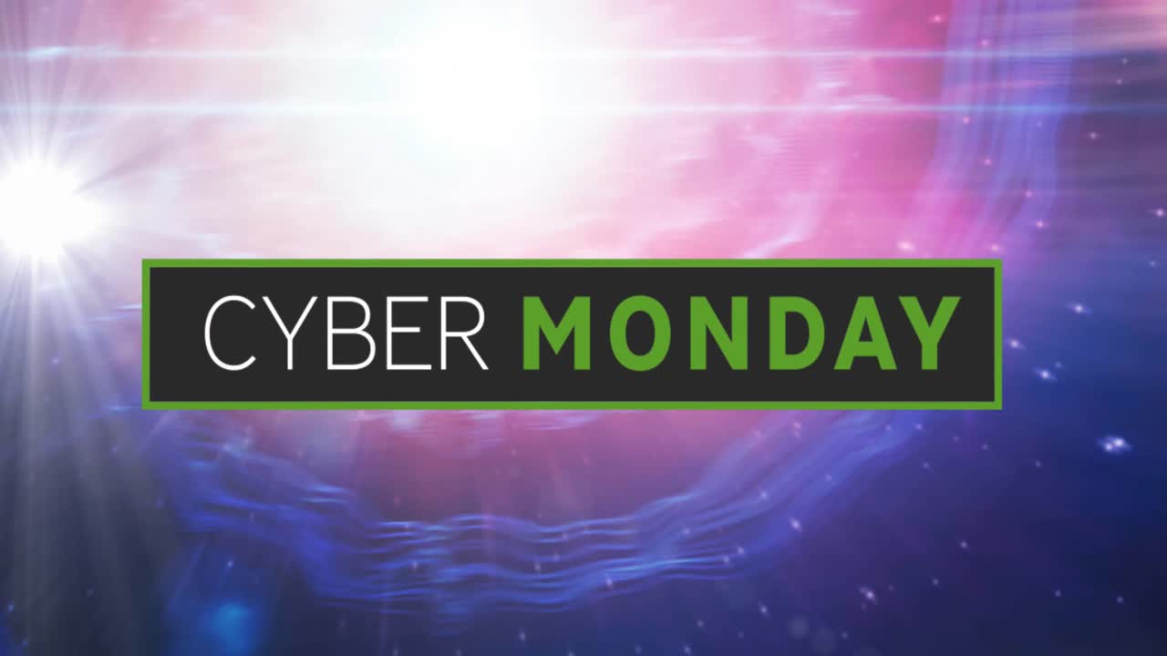 animación del texto de cyber monday en un banner negro sobre una luz brillante en un fondo de color rosa a púrpura