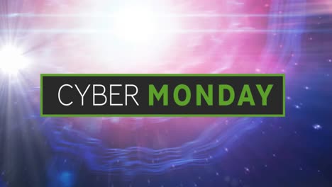 Animation-of-cyber-monday-text-on-black-banner-over-glowing-light-on-pink-to-purple-background