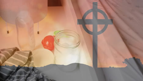 on table, baby bottle and jar with cross silhouette animation overlay