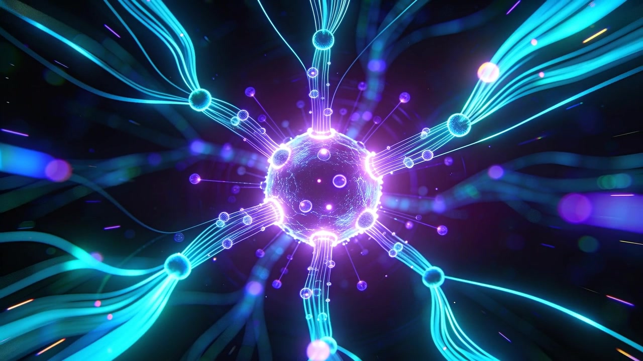 Brightening central glowing node sending streaks and beads along neon strands in void for signaling