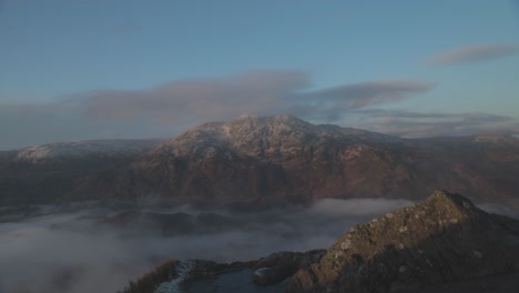 Static-shot-of-a-snowy-Ben-Venue-from-the-summit-of-Ben-A'an-in-the-highlands