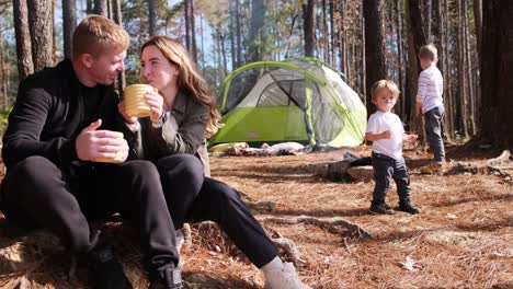 a man and a woman enjoy the peace in the forest near a tent enjoying nature and communicating with a man and a woman enjoy the peace in the forest near a tent enjoying nature and communicating with children