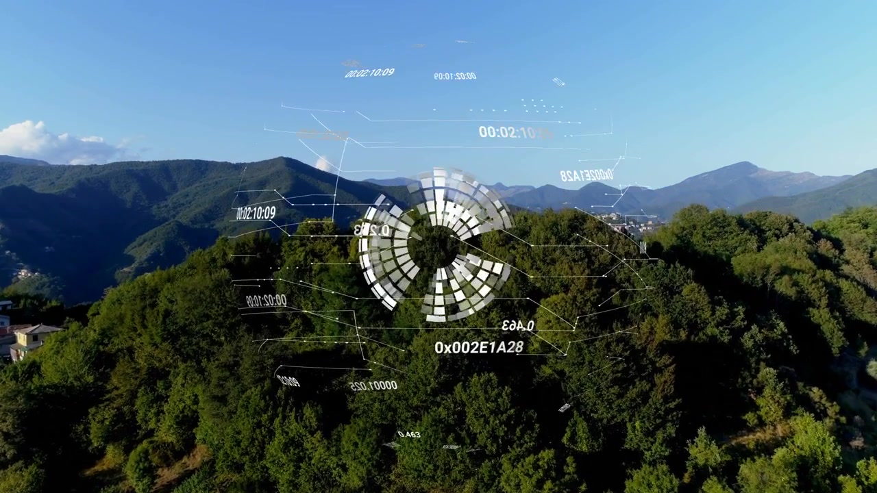 Holographic sphere assembling over canopy after shot start, tiles rotating updating forest data