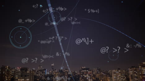 animation of data processing, with network of connections and white light over city and sky at night