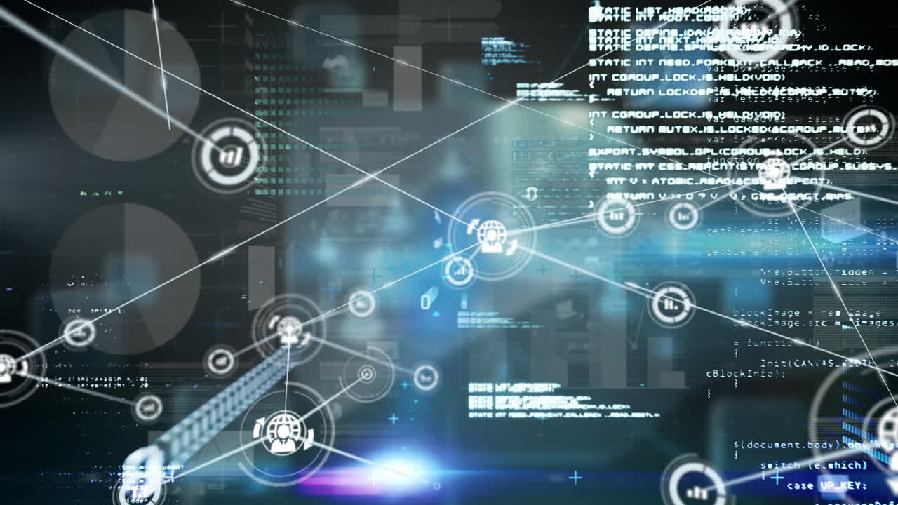 Animation of network of connections with icons over data processing on black background