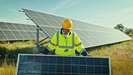 engineering, man or happy with solar panels