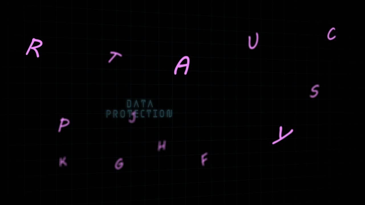 Shield fading into circular HUD, binary digits falling and icons emerging showing data protection