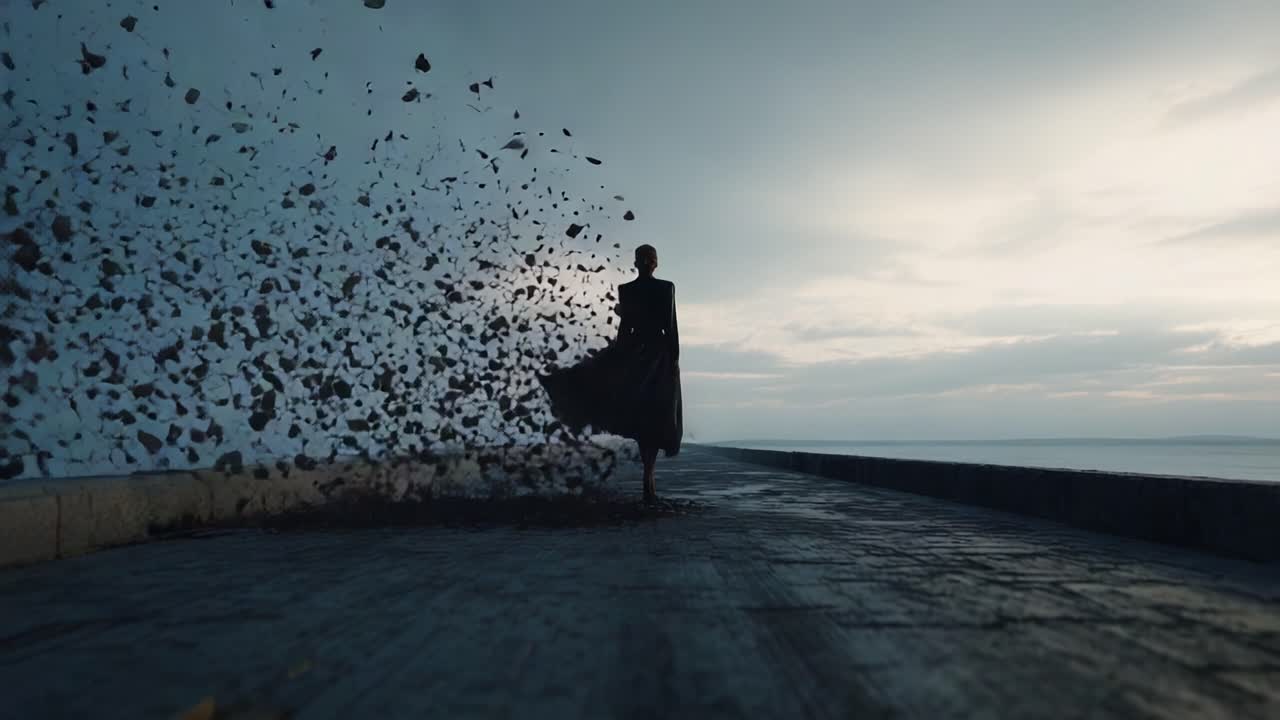 A figure dramatically walks away along a desolate pier, leaving behind a trail of fragmented chaos, symbolizing the struggle between freedom and the burdens of the past