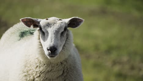 a close-up shot of the white wooly sheep in the lush green meadow