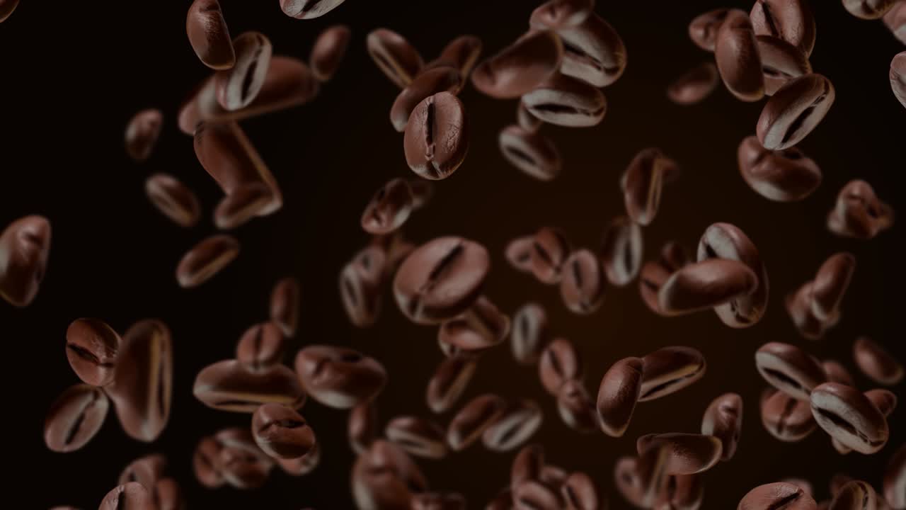 4K Loop animation Flying many coffee beans on black Loop background green Screen.