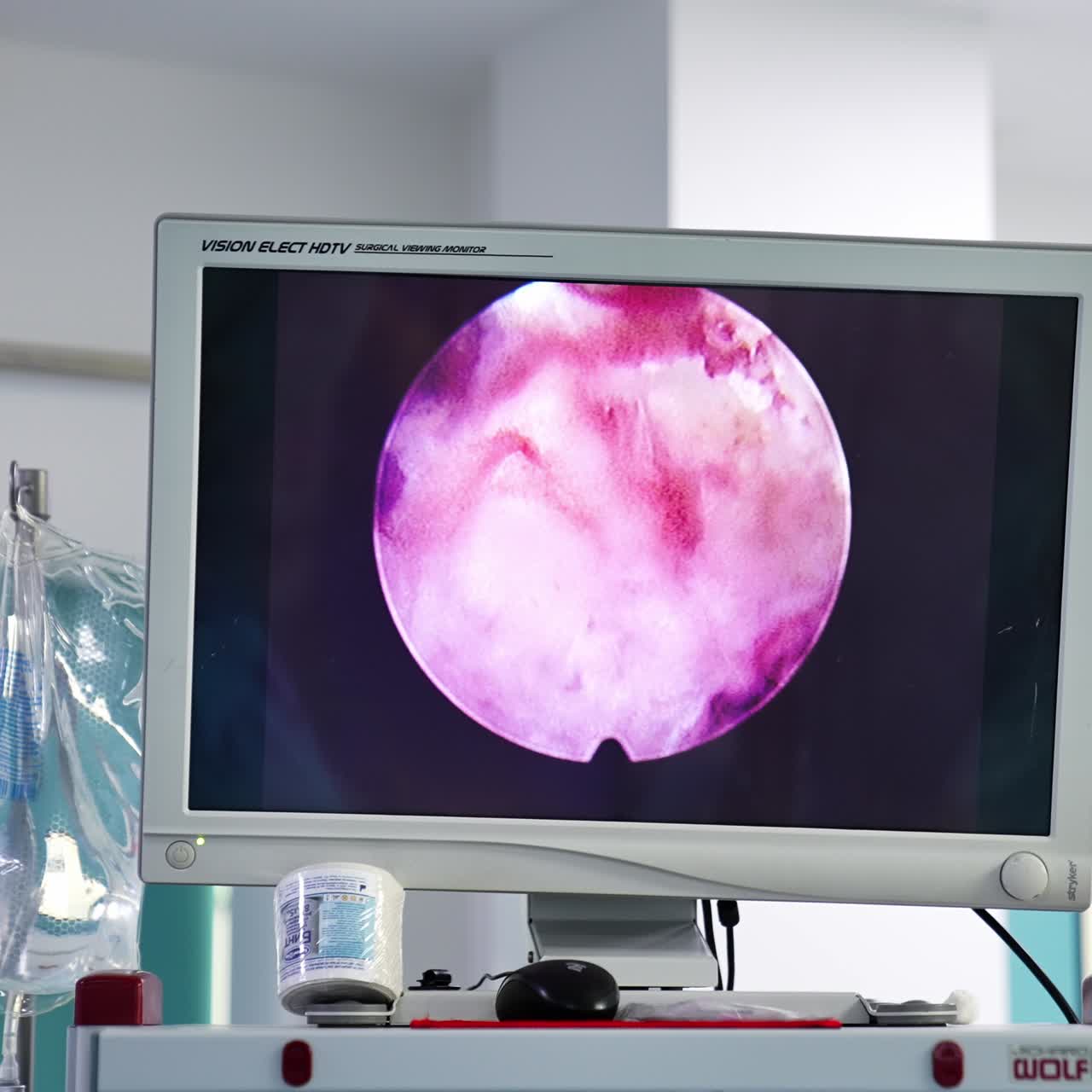 Screen in the surgery room showing the metal instrument being input into inner organ. Close up. Neurosurgical operation in progress