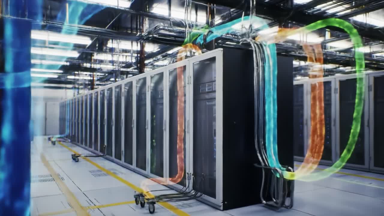 This clip showcases the interior of a data center filled with server racks and illuminated cables. Technicians manage and monitor systems, ensuring optimal performance for data processing.