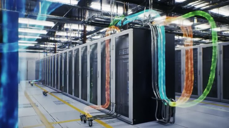 This clip showcases the interior of a data center filled with server racks and illuminated cables. Technicians manage and monitor systems, ensuring optimal performance for data processing.