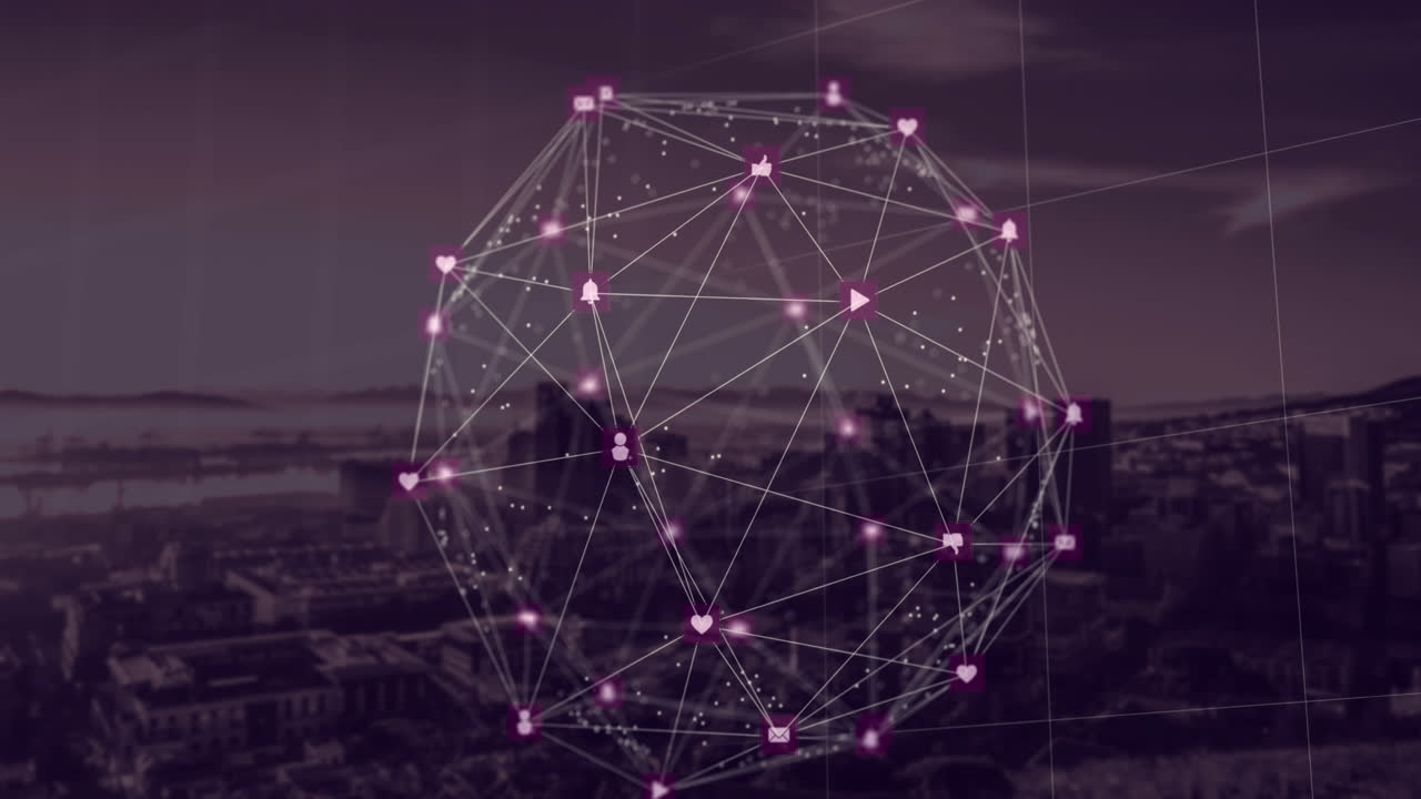 globo de iconos digitales contra el paisaje urbano