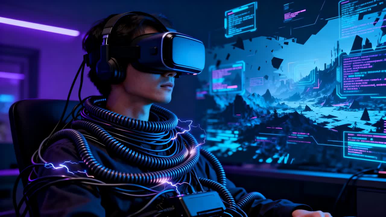 Reacting to screen cues, man wearing VR headset headphones leaning in gaming room with chest pack