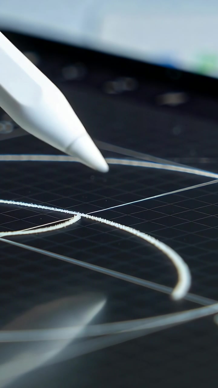 Vertical video: Touching stylus tracing curved guide strokes on grid tablet at desk, copy space