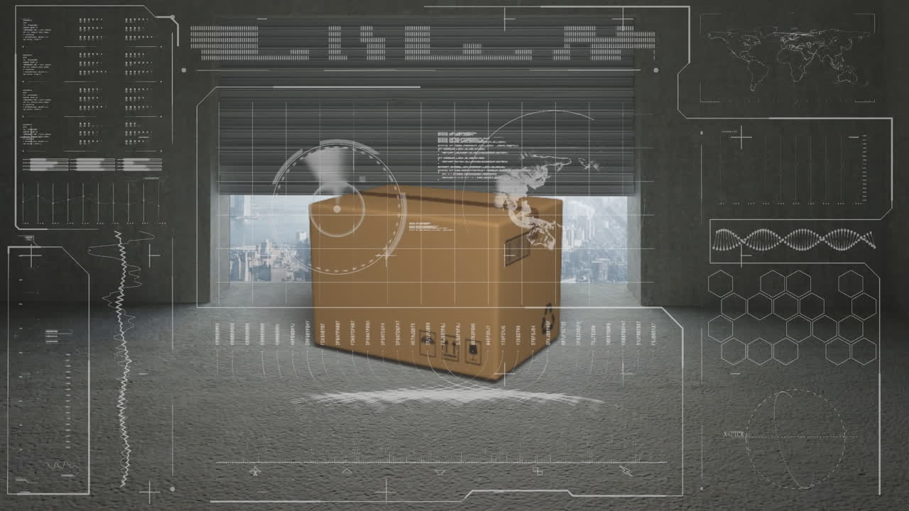 animación de gráficos, radar, globo, barras de carga, caja de cartón y ciudad moderna a través de una ventana abierta