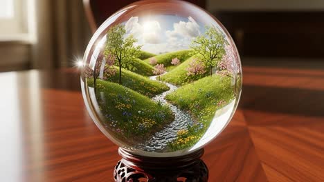 a stunning crystal globe capturing a tranquil landscape with a meandering stream, lush green hills, blooming trees, and a beautiful sky filled with fluffy clouds