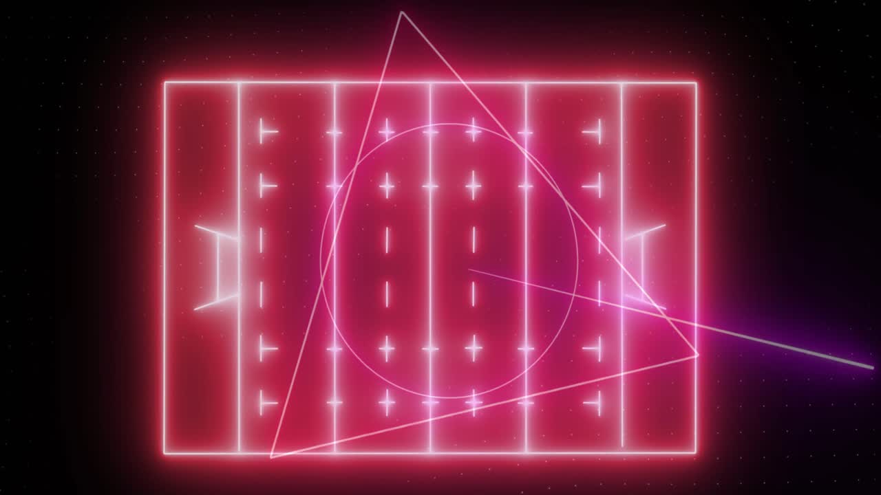 Animation of neon red rugby field and glowing geometric figures