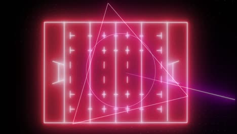 animación de campo de rugby rojo neón y figuras geométricas brillantes