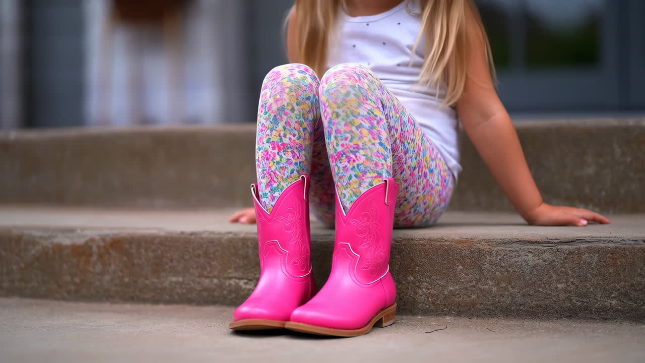 Young girl wearing pink cowboy boots and colorful leggings