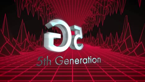 Animation-of-5g-5th-generation-text-over-ired-glowing-mesh-and-grid-in-background