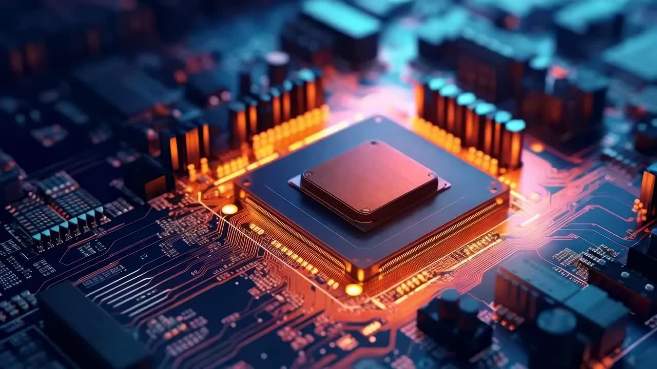Close-up, high-angle shot of a glowing microchip on a circuit board, showcasing advanced technology
