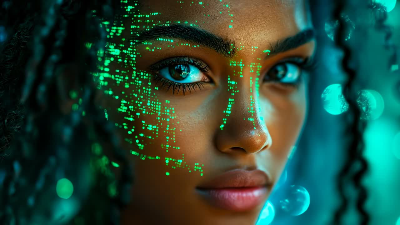 Donna con effetti digitali sul viso. Una donna mostra il suo viso con effetti digitali verde brillante. Guarda direttamente lo spettatore con occhi limpidi.