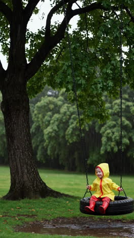child in yellow raincoat on a tire swing