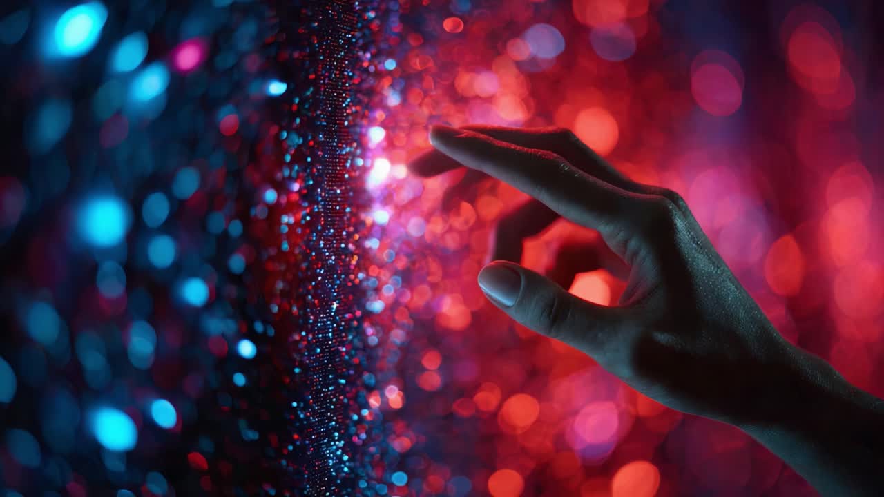 A Hand Reaching Toward a Colorful, Sparkling Surface of Light and Patterns, Emphasizing the Interaction Between Human Touch and Digital Aesthetics